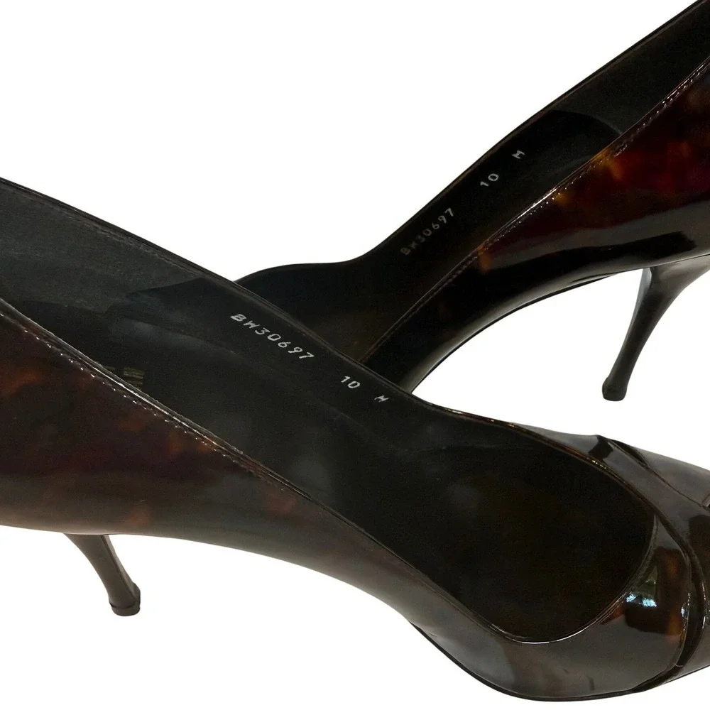Stuart Weitzman Tortoise Patent Leather Peep Toe Stiletto Pumps Brown 10